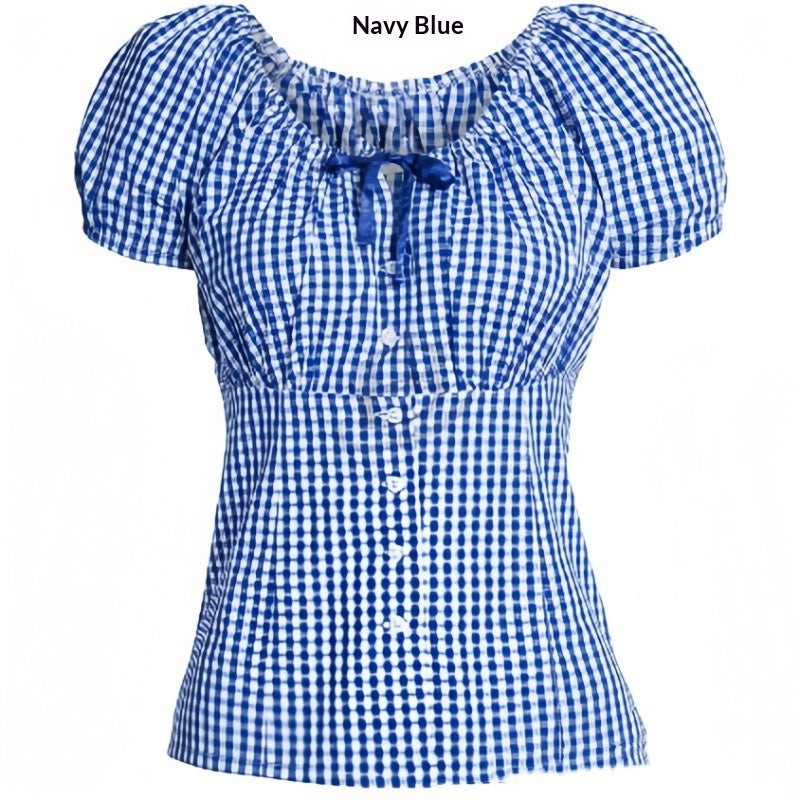 Puff-sleeve Waist-cinching Figure-flattering Plaid Shirt With A Halter Neckline And Tie Detailing