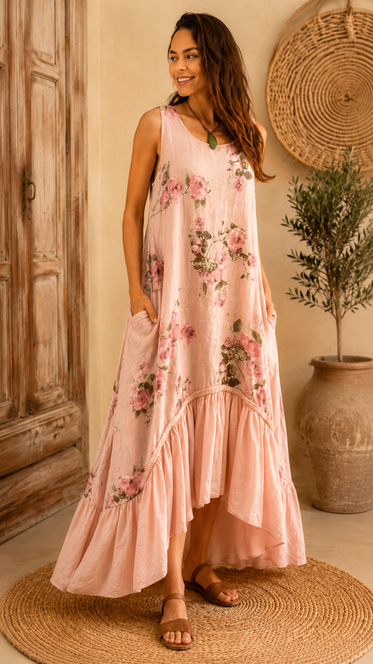 Printed linen jumpsuit with ruffled hem
