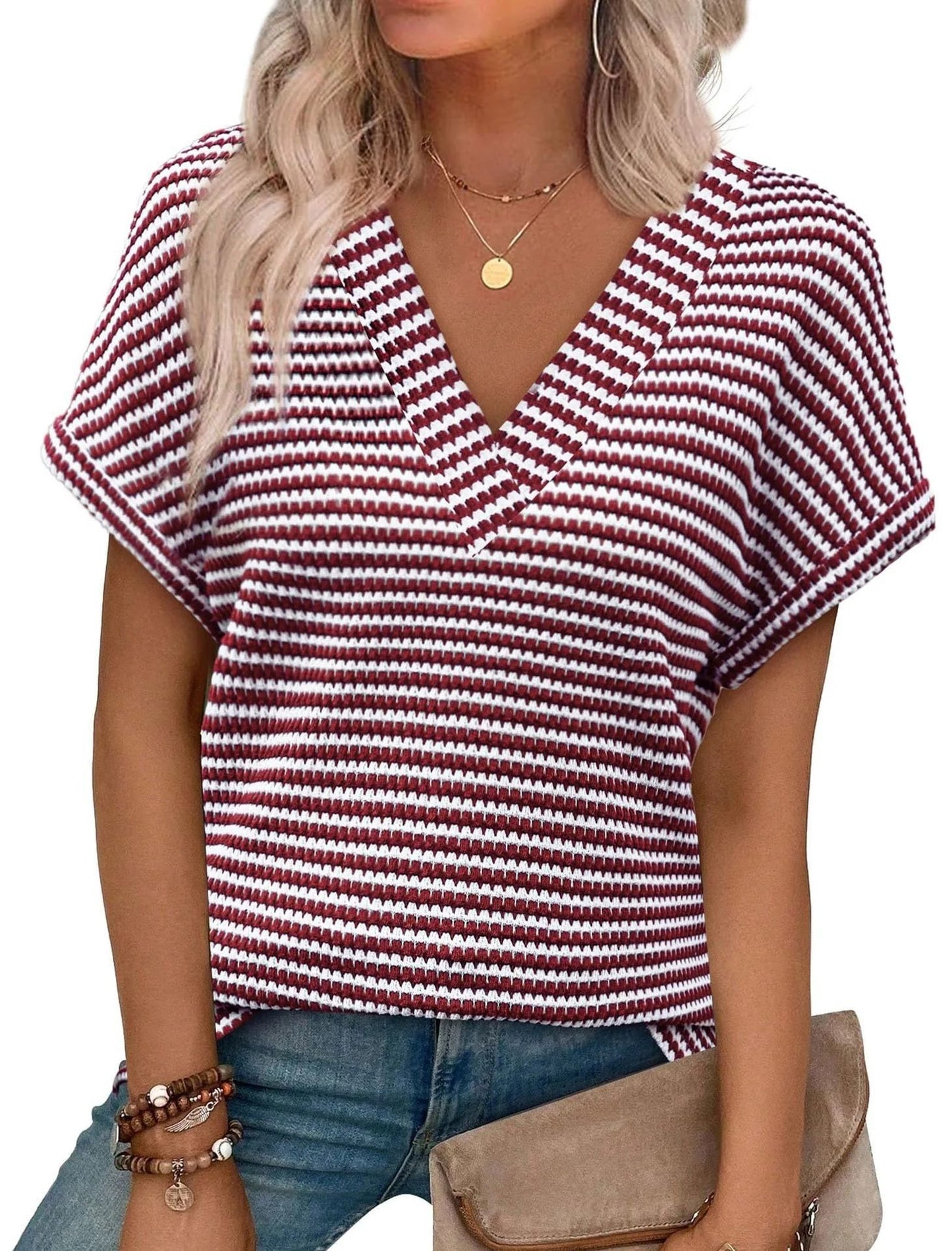 Summer V Neck Striped Loose Short Sleeve