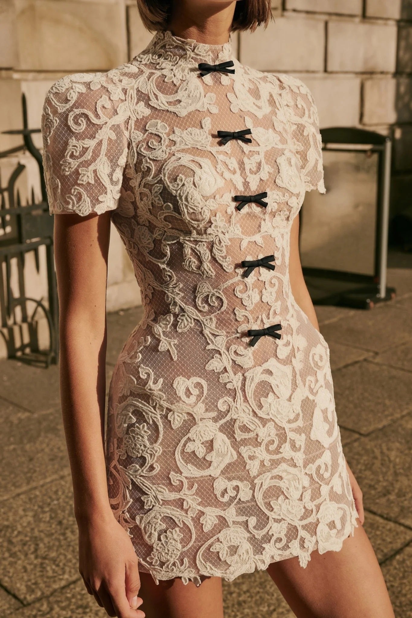 IVORY BROCADE BOW MINI DRESS