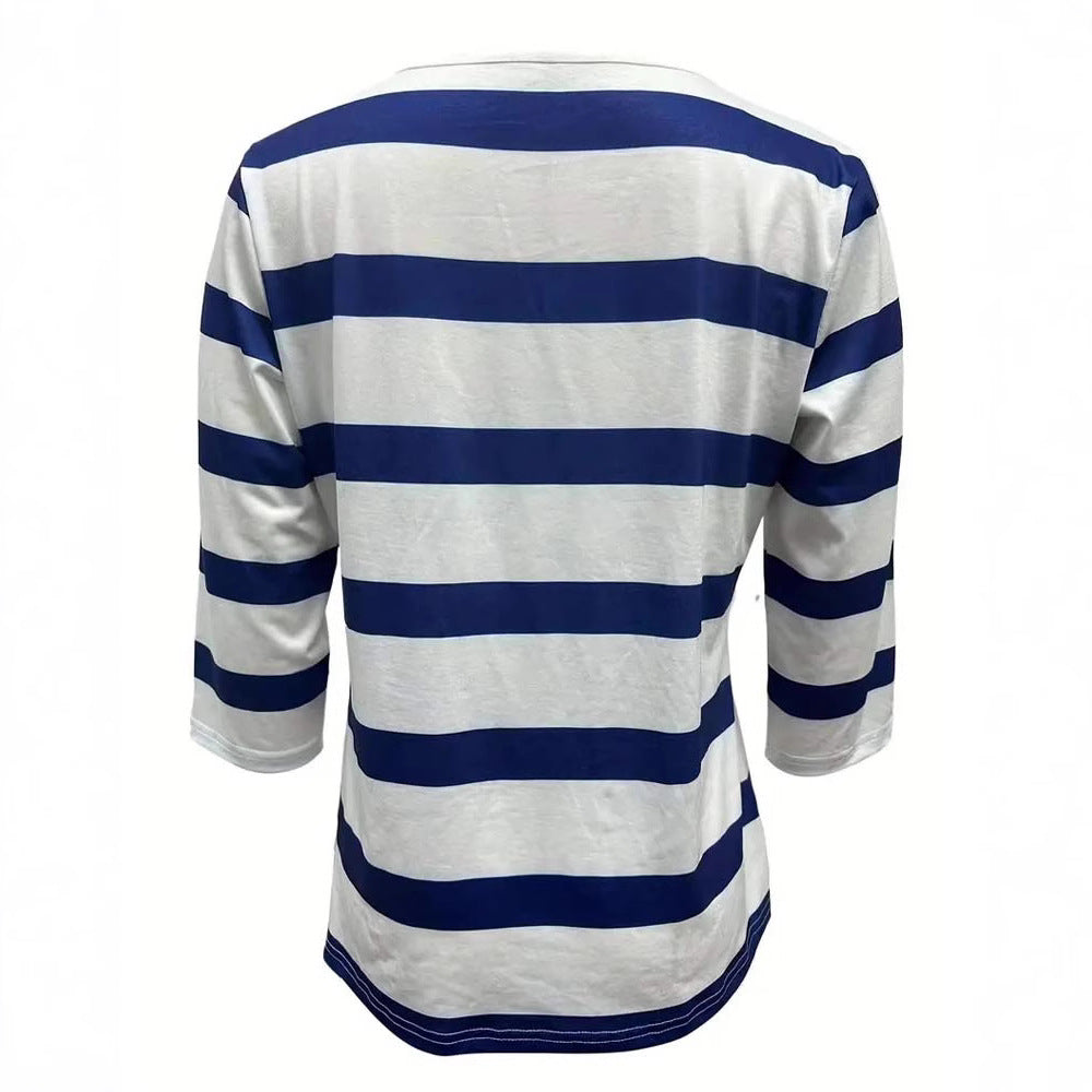 Casual V-neck Button-striped Top T-shirt For Women Stylish And Versatile