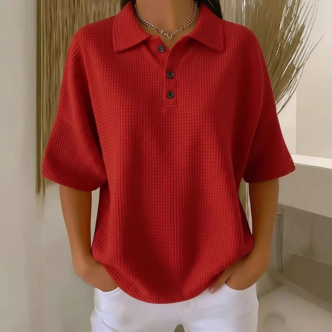 Buttoned Waffle-knit Short-sleeve T-shirt Solid-color Pullover Top