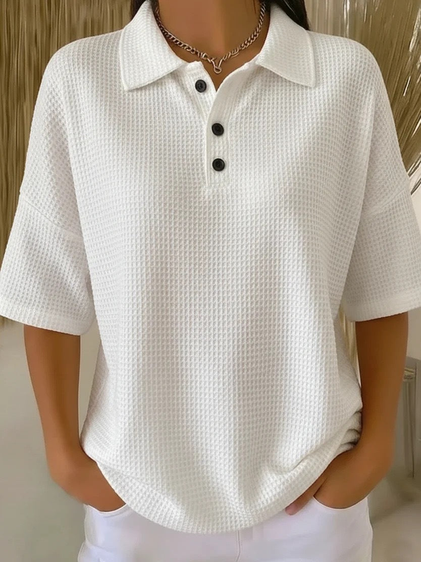 Buttoned Waffle-knit Short-sleeve T-shirt Solid-color Pullover Top
