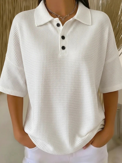 Buttoned Waffle-knit Short-sleeve T-shirt Solid-color Pullover Top
