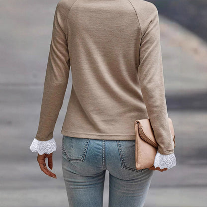 Solid-color Versatile Lace-panel Long-sleeve Top For Women