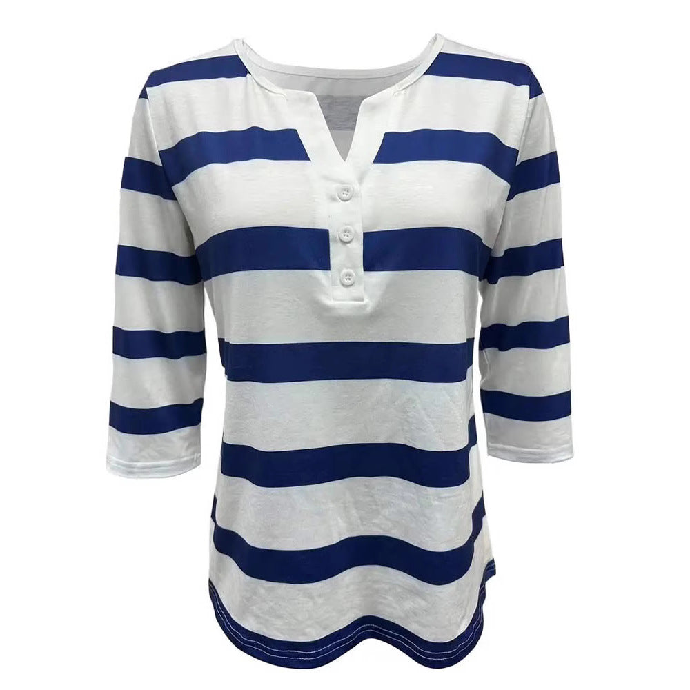 Casual V-neck Button-striped Top T-shirt For Women Stylish And Versatile