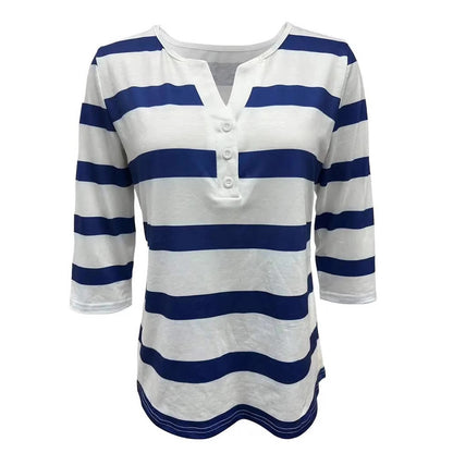 Casual V-neck Button-striped Top T-shirt For Women Stylish And Versatile
