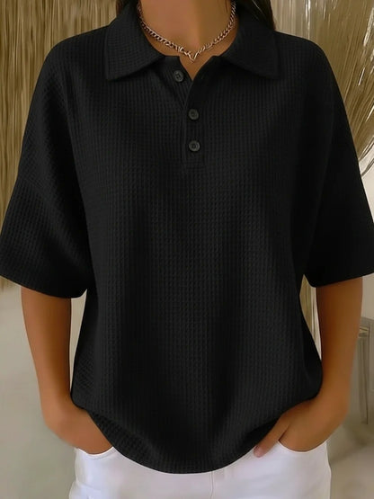 Buttoned Waffle-knit Short-sleeve T-shirt Solid-color Pullover Top