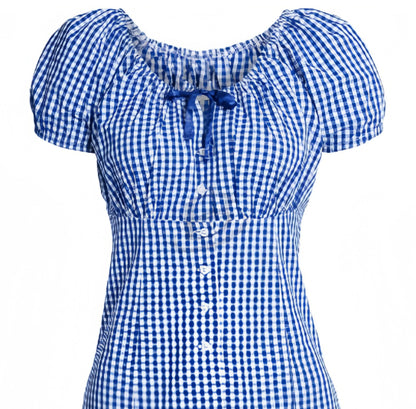 Puff-sleeve Waist-cinching Figure-flattering Plaid Shirt With A Halter Neckline And Tie Detailing