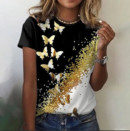 Women's Round-Neck Short-Sleeve Casual Top With 3D Flower Print