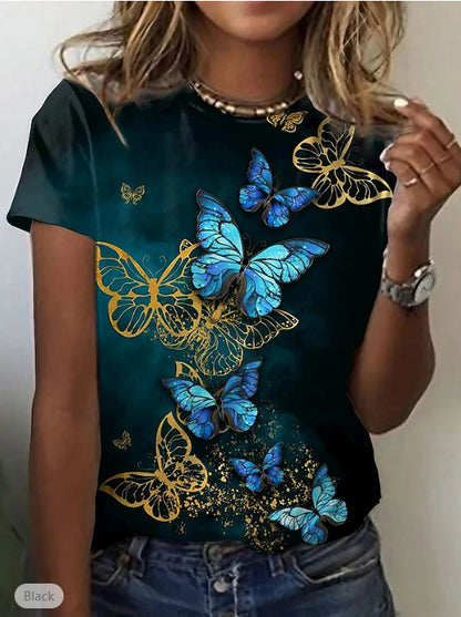 Women's Round-Neck Short-Sleeve Casual Top With 3D Flower Print
