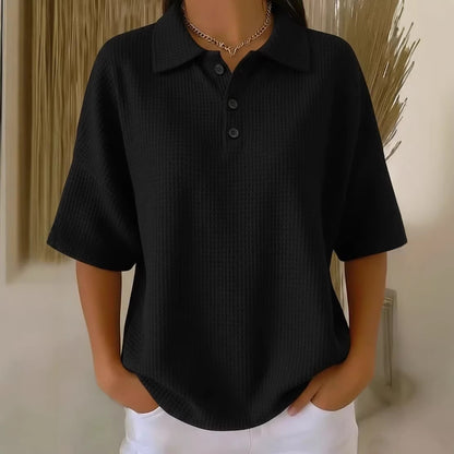 Buttoned Waffle-knit Short-sleeve T-shirt Solid-color Pullover Top