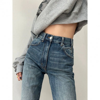 Flared Denim Jeans For Women Straight  Loose-fit Pants Retro