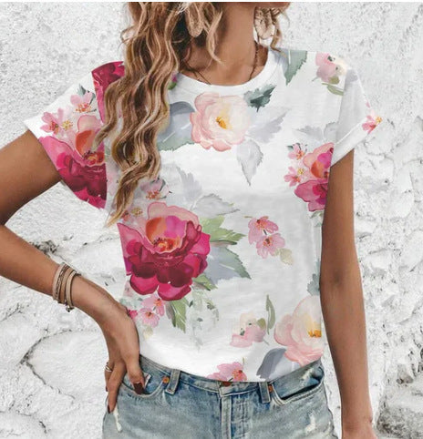 Women's Round-Neck Short-Sleeve Casual Top With 3D Flower Print
