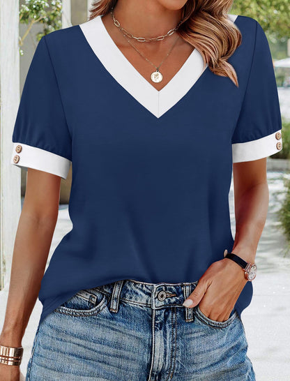 V-neck Contrast-Color Sleeveless All-Match Buttoned Pullover Short-Sleeve Top