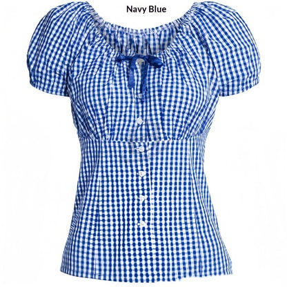 Puff-sleeve Waist-cinching Figure-flattering Plaid Shirt With A Halter Neckline And Tie Detailing
