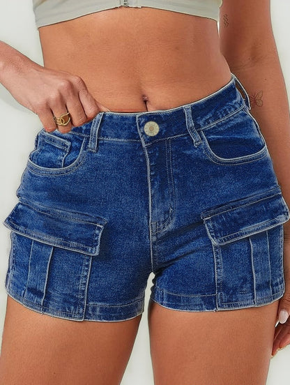 Womens Solid-Color High-Waist Slim-Fit Denim Shorts