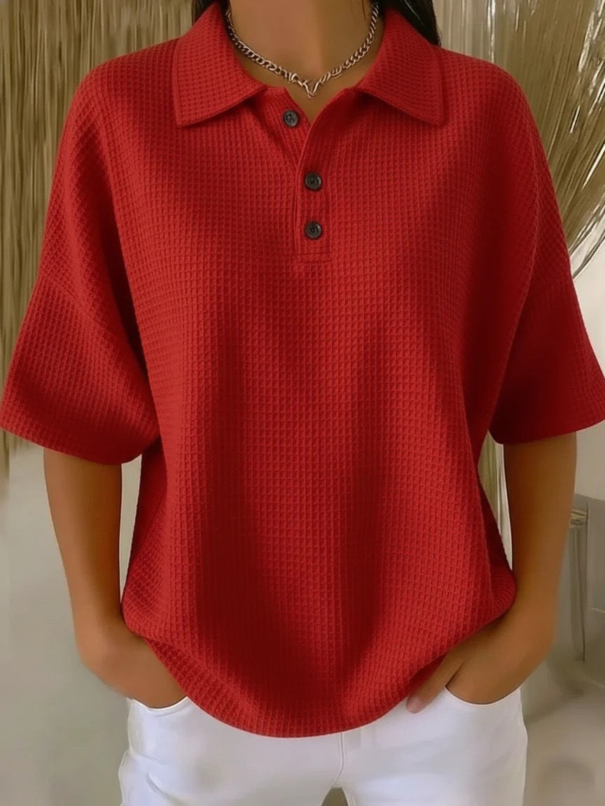 Buttoned Waffle-knit Short-sleeve T-shirt Solid-color Pullover Top