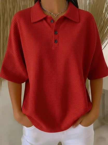 Buttoned Waffle-knit Short-sleeve T-shirt Solid-color Pullover Top
