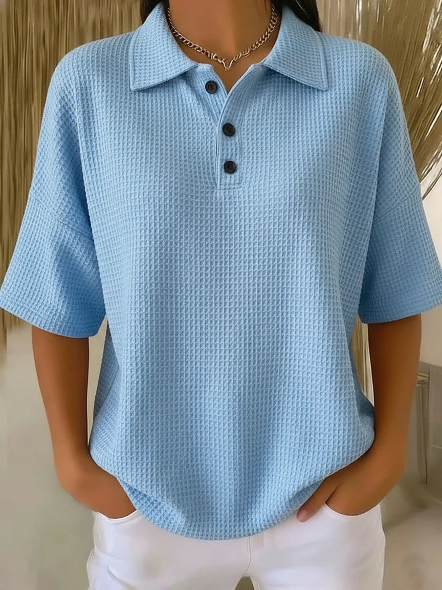 Buttoned Waffle-knit Short-sleeve T-shirt Solid-color Pullover Top