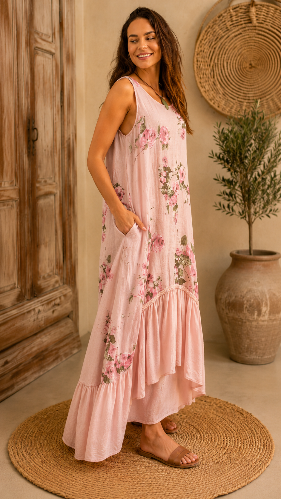Printed linen jumpsuit with ruffled hem