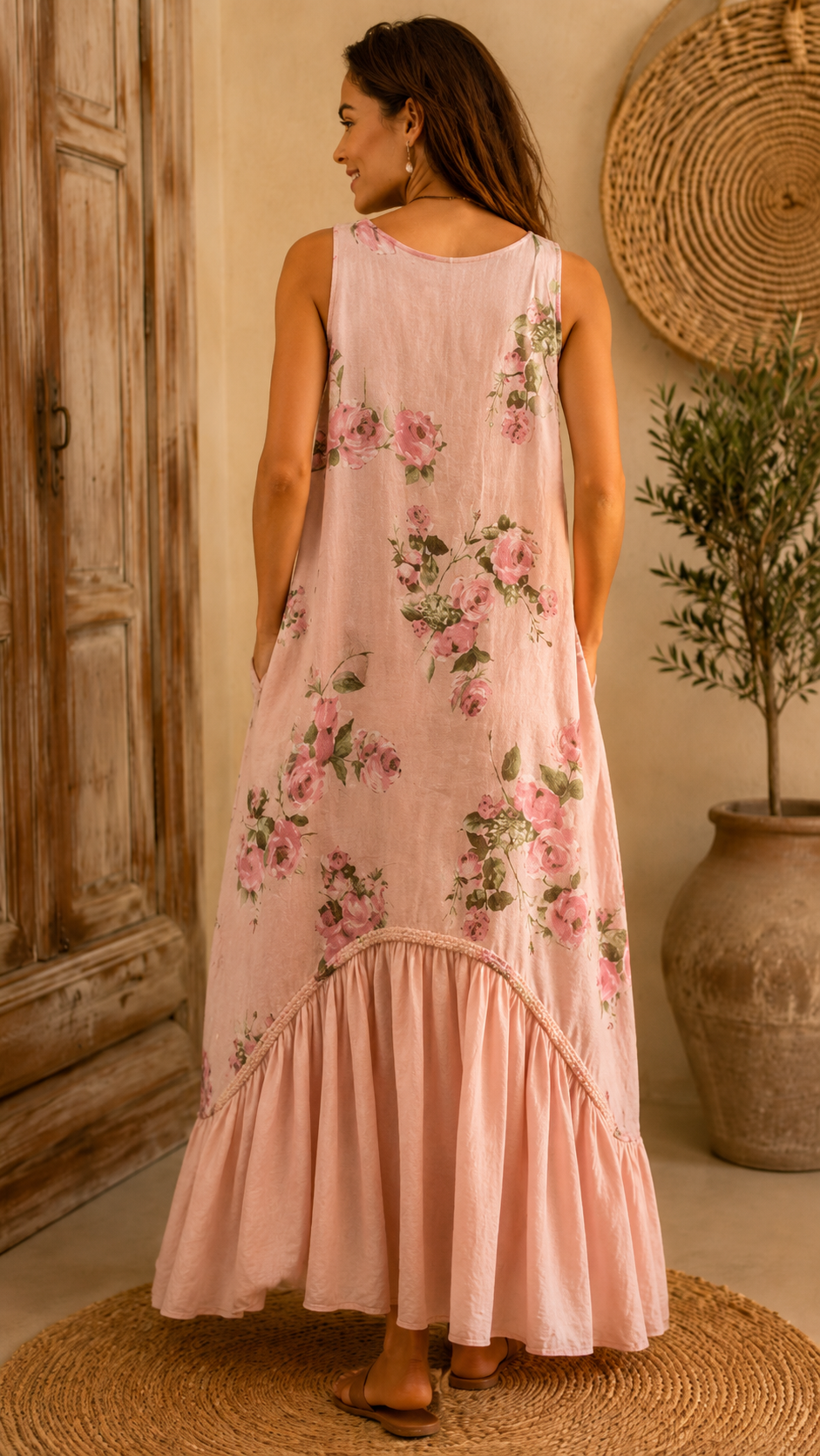 Printed linen jumpsuit with ruffled hem