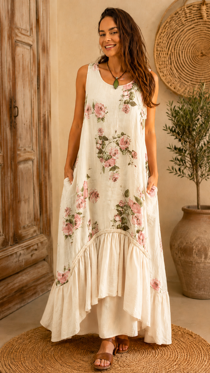 Printed linen jumpsuit with ruffled hem