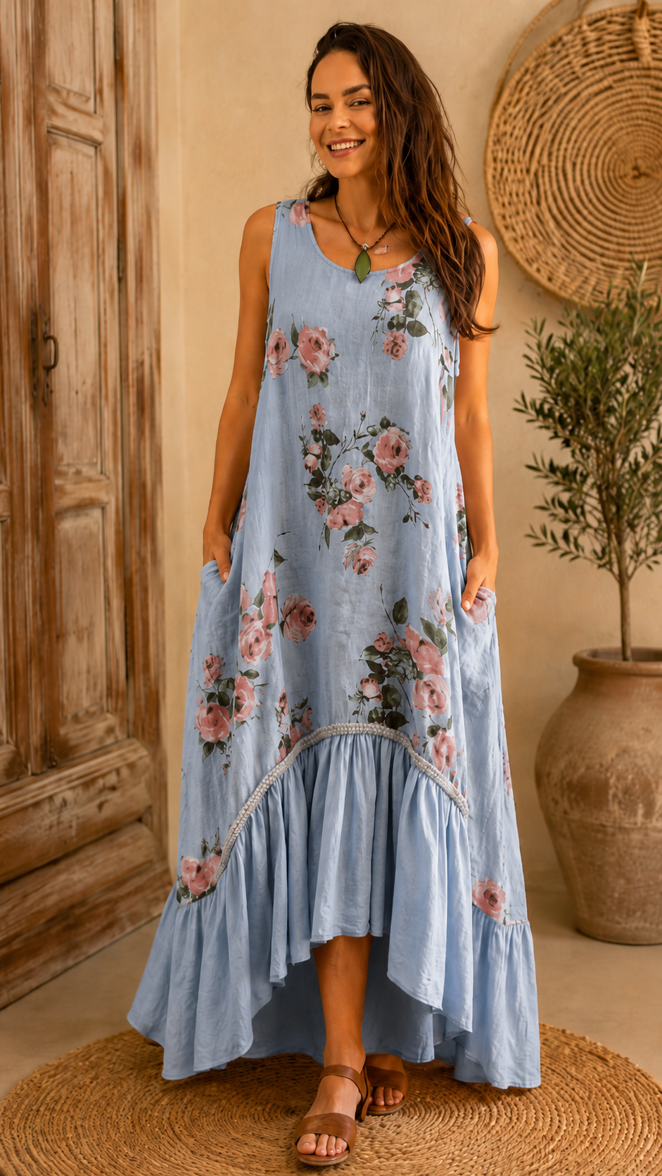Printed linen jumpsuit with ruffled hem