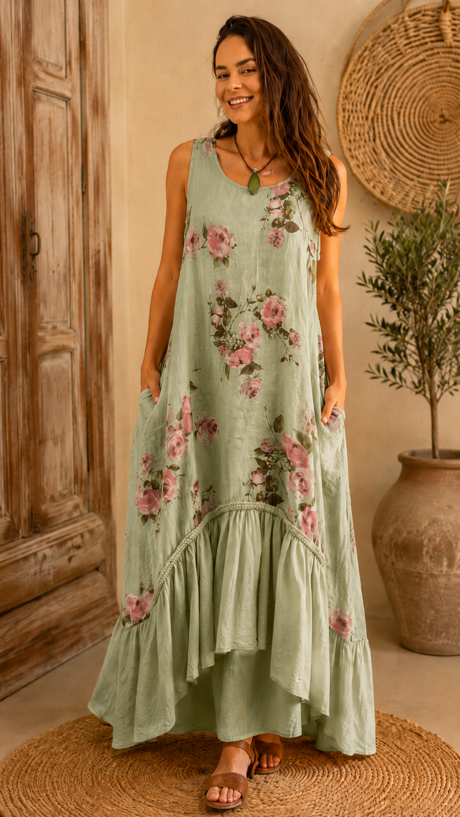 Printed linen jumpsuit with ruffled hem