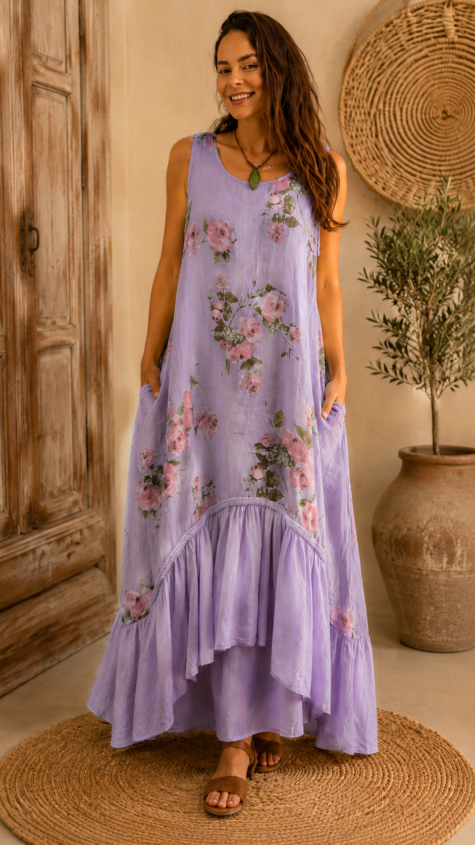 Printed linen jumpsuit with ruffled hem