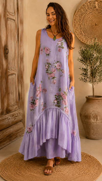 Printed linen jumpsuit with ruffled hem