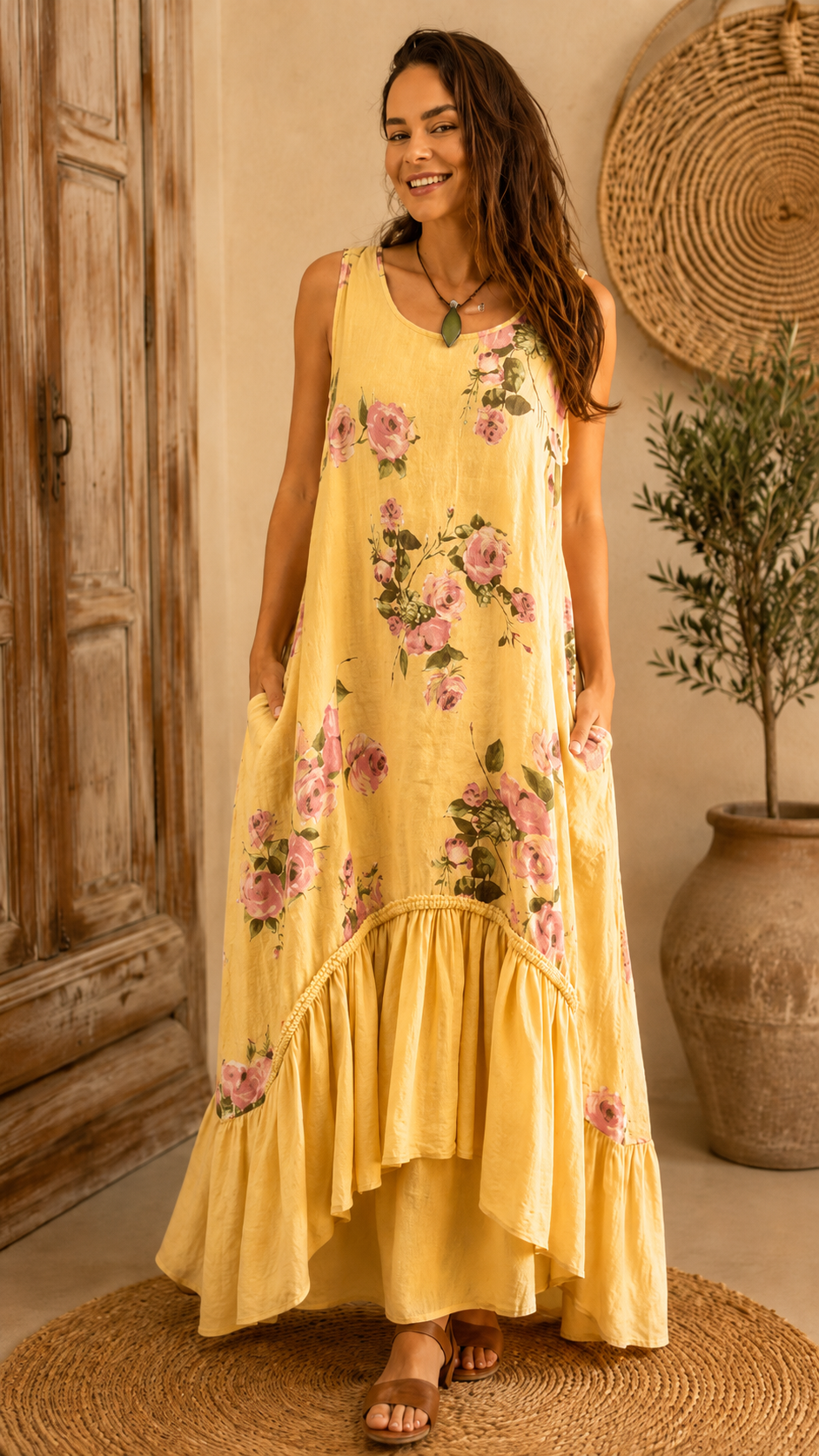Printed linen jumpsuit with ruffled hem