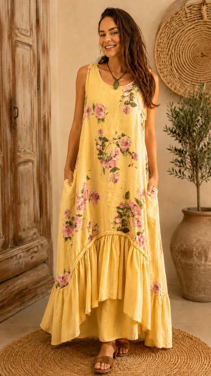 Printed linen jumpsuit with ruffled hem