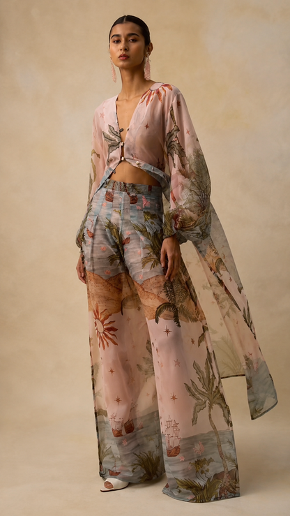 Retro Tropical Boat Print Tulle Two-Piece Set