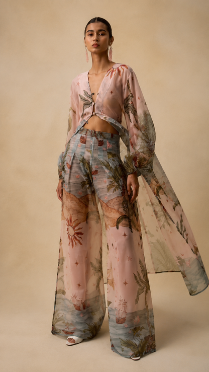 Retro Tropical Boat Print Tulle Two-Piece Set