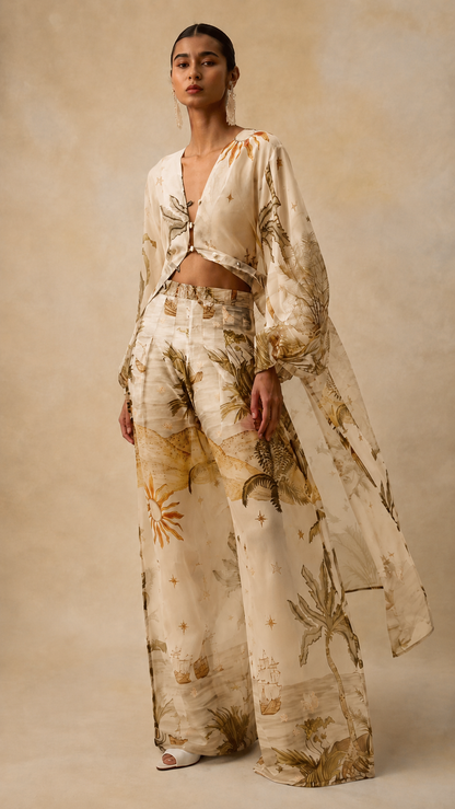 Retro Tropical Boat Print Tulle Two-Piece Set