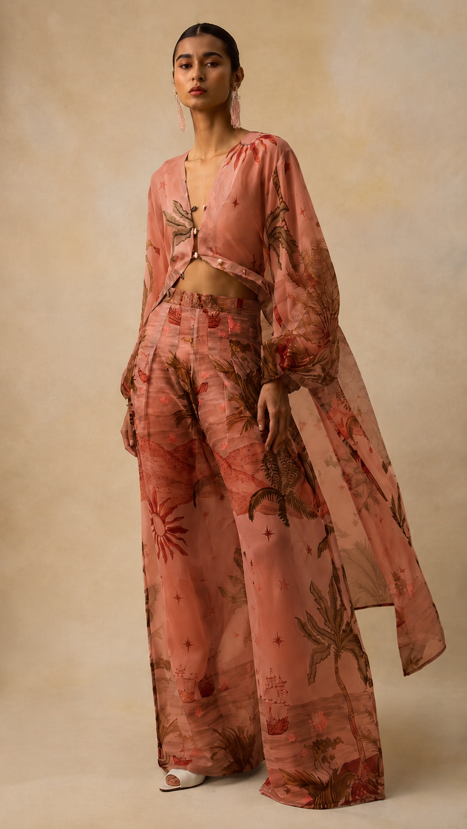 Retro Tropical Boat Print Tulle Two-Piece Set