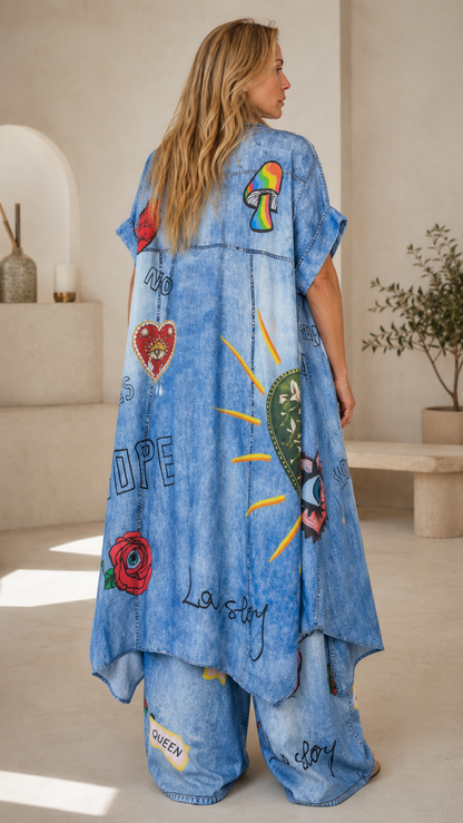 Denim-Look Graphic Oversized Shirt & Wide-Leg Pants Set