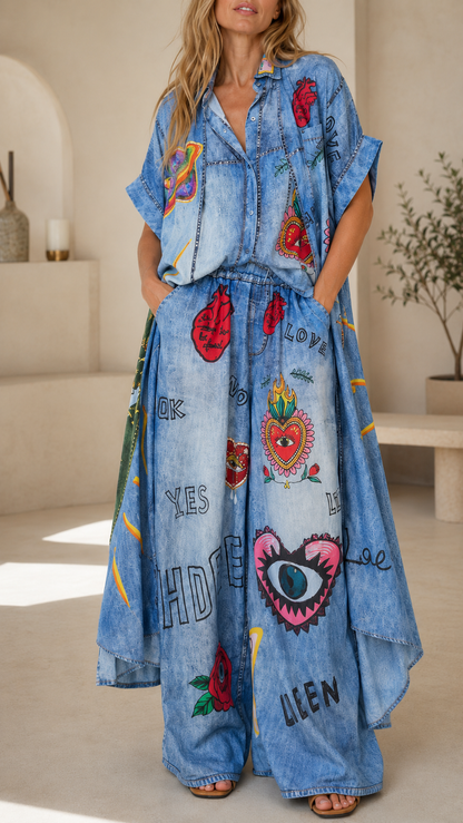 Denim-Look Graphic Oversized Shirt & Wide-Leg Pants Set