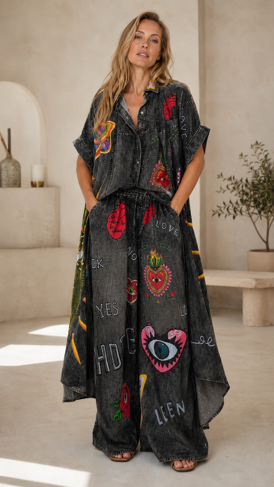 Denim-Look Graphic Oversized Shirt & Wide-Leg Pants Set