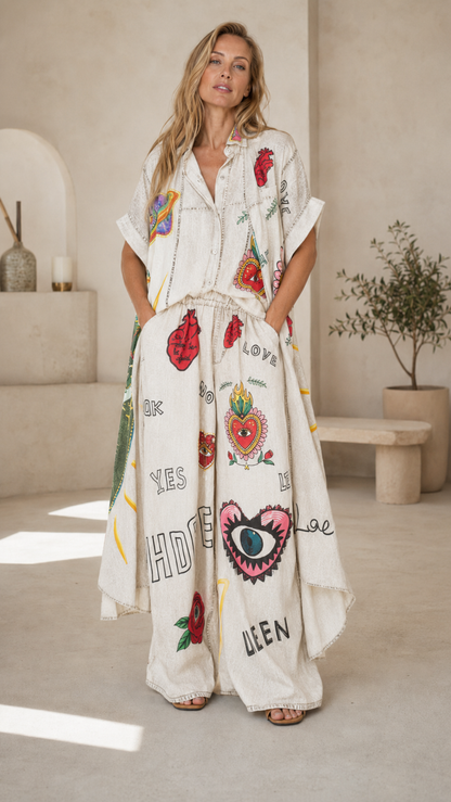 Denim-Look Graphic Oversized Shirt & Wide-Leg Pants Set