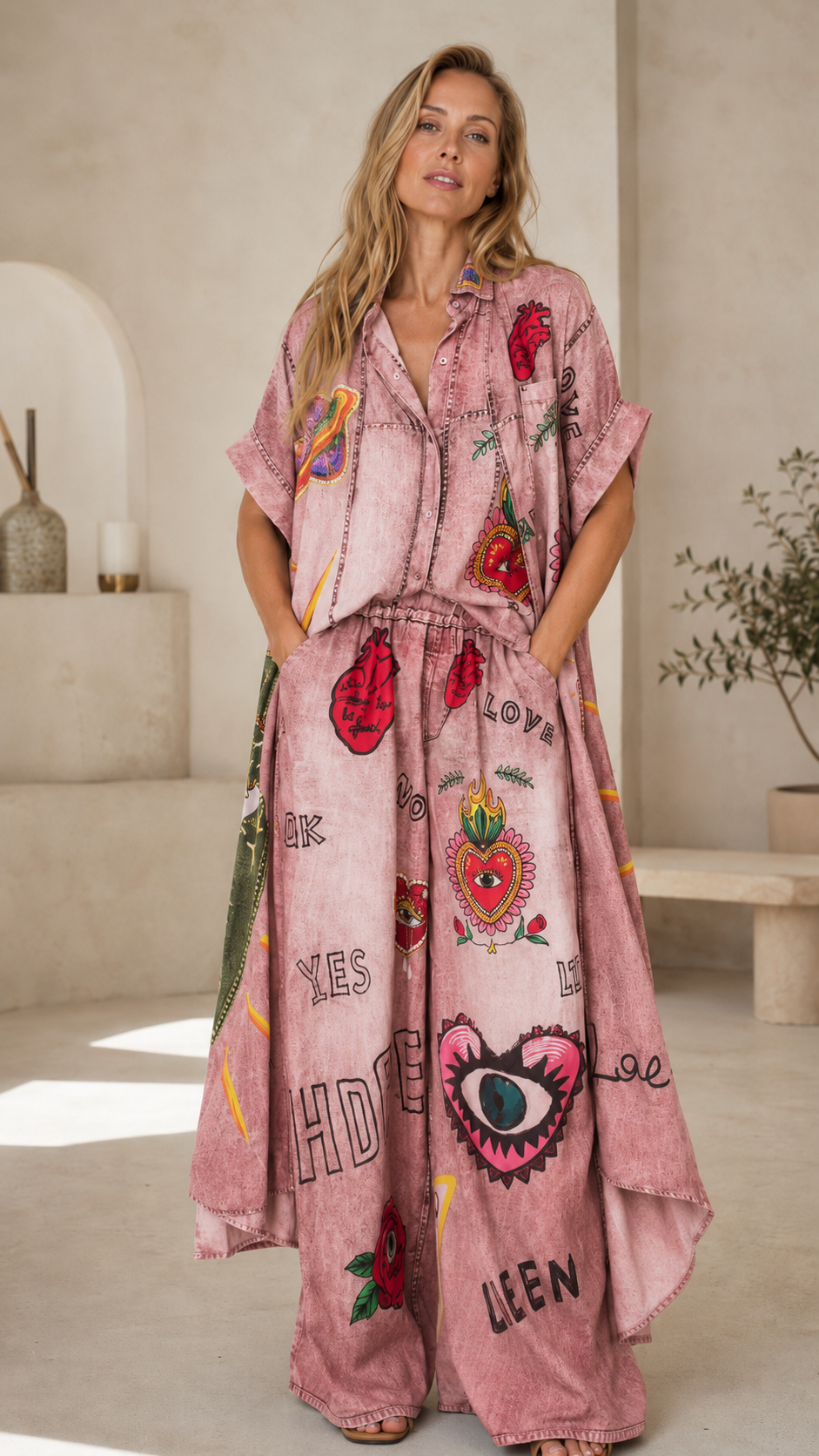 Denim-Look Graphic Oversized Shirt & Wide-Leg Pants Set