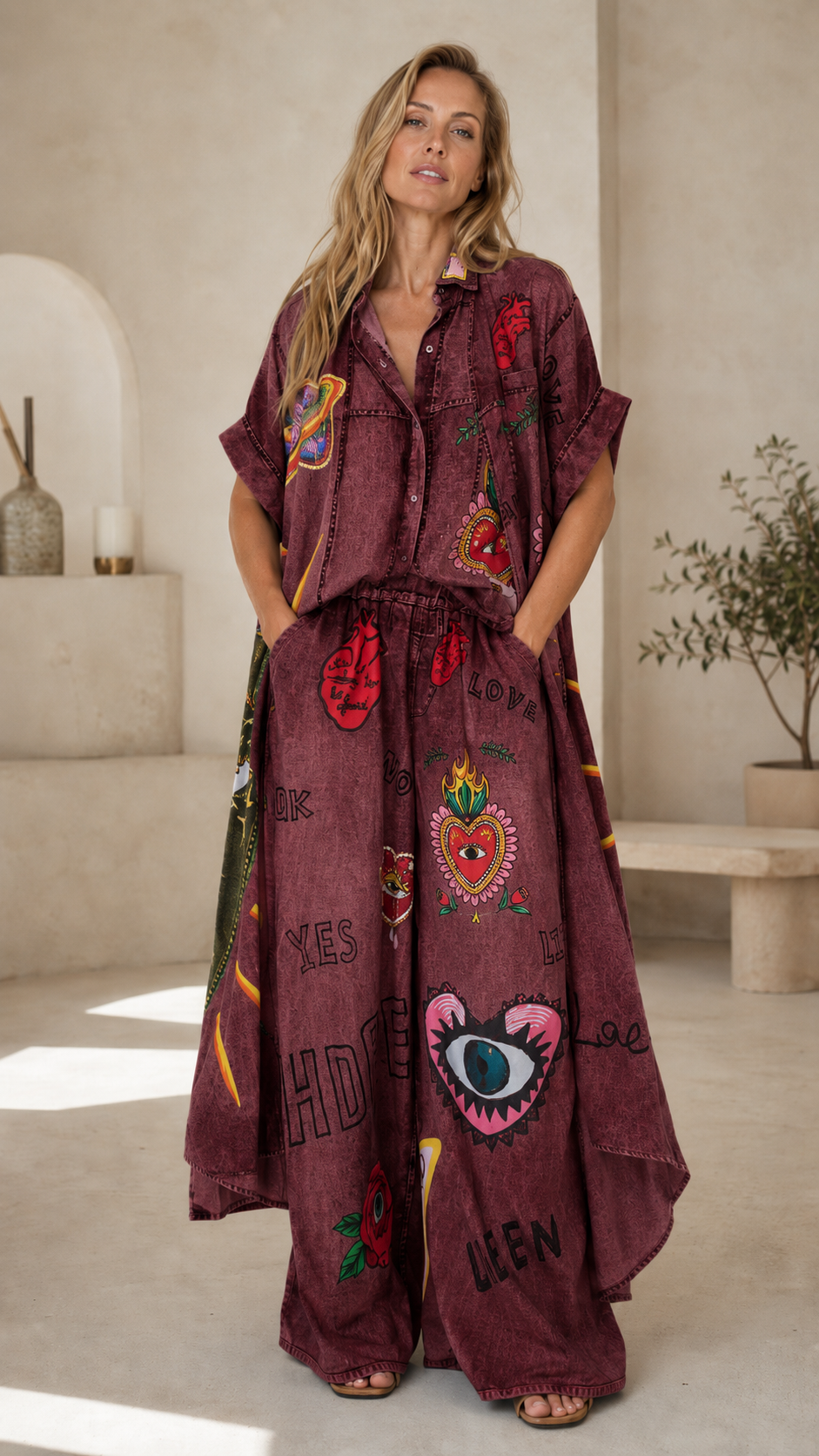 Denim-Look Graphic Oversized Shirt & Wide-Leg Pants Set