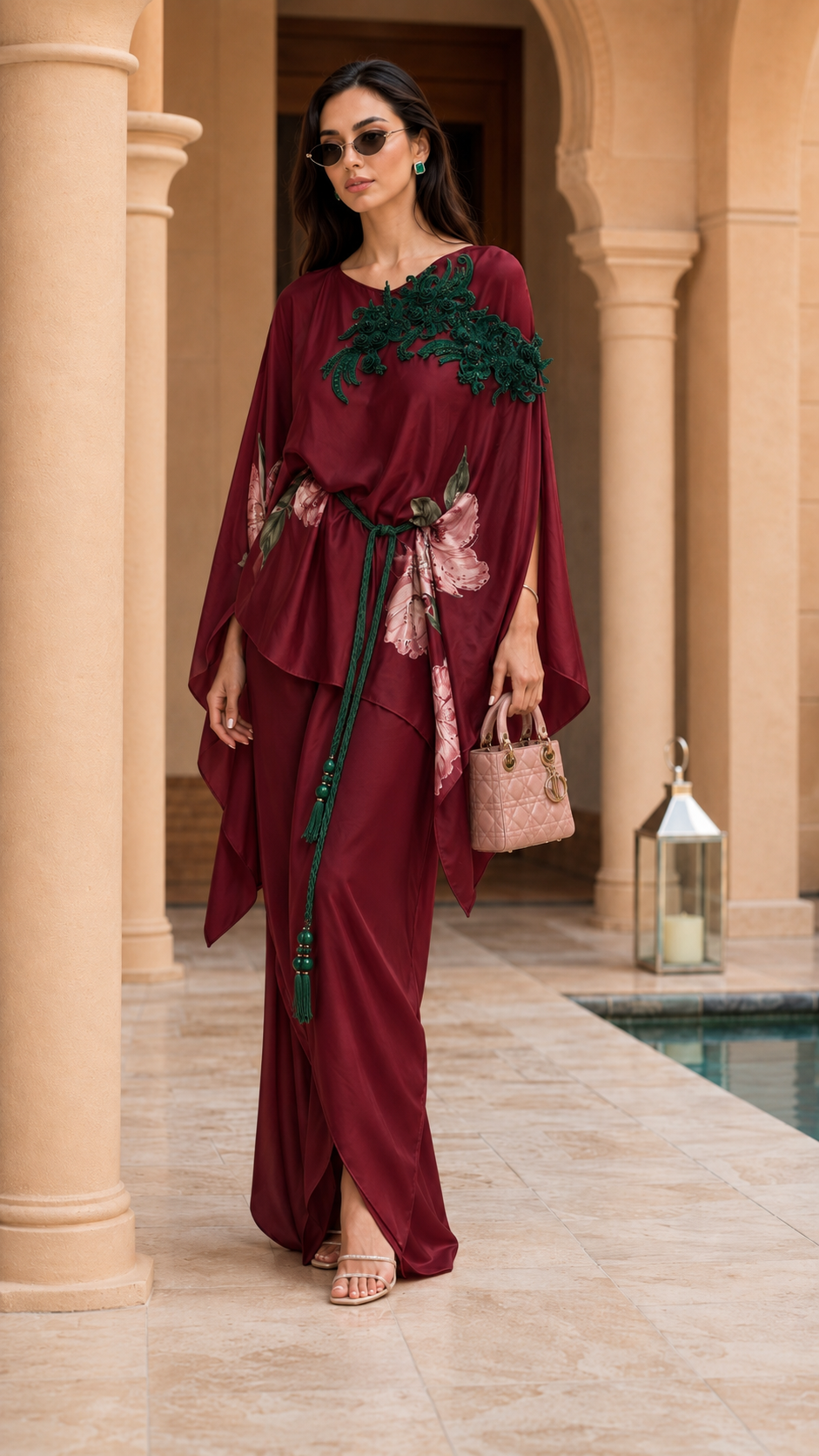 One-Shoulder Floral Embroidered Kaftan Maxi Skirt Set