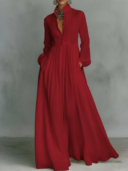 Long Sleeve Button-Front Flowy Dress
