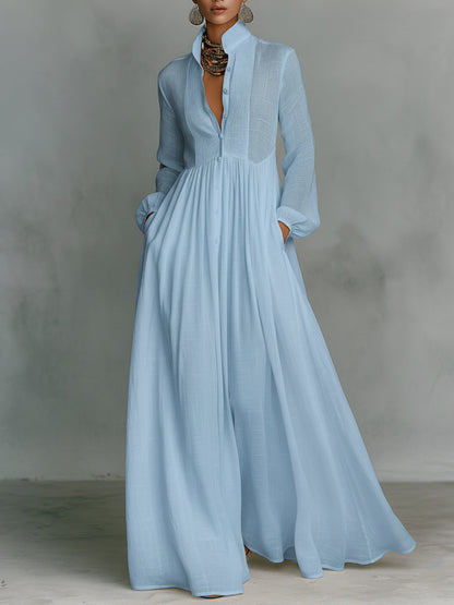 Long Sleeve Button-Front Flowy Dress