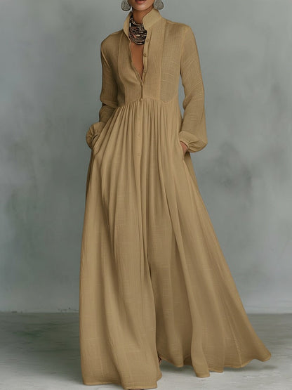 Long Sleeve Button-Front Flowy Dress