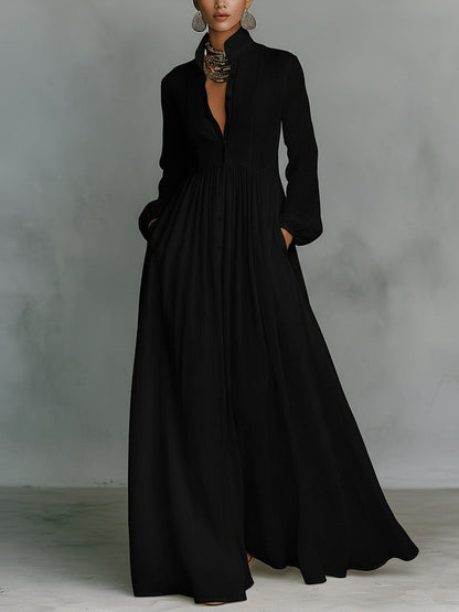 Long Sleeve Button-Front Flowy Dress