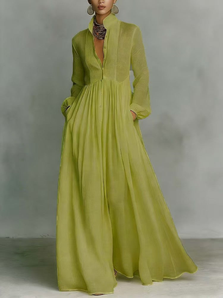Long Sleeve Button-Front Flowy Dress