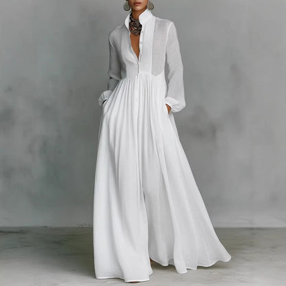 Long Sleeve Button-Front Flowy Dress